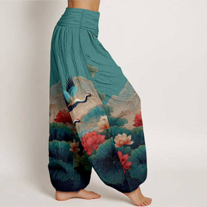 Buddha Stones コットンクラシック蓮の花と葉、鶴、山の模様レディース伸縮性ウエストハーレムパンツ - image 7