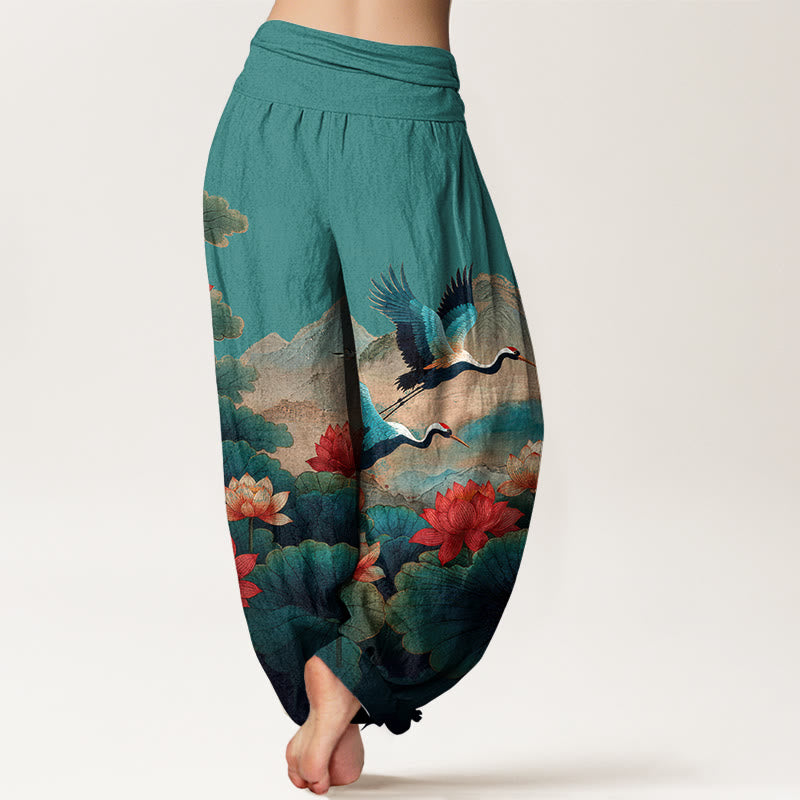 Buddha Stones コットンクラシック蓮の花と葉、鶴、山の模様レディース伸縮性ウエストハーレムパンツ - image 6