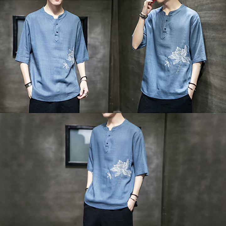 Buddha Stones 夏用刺繍蓮とトンボ柄中国風カエルボタンメンズ半袖Tシャツ - image 25