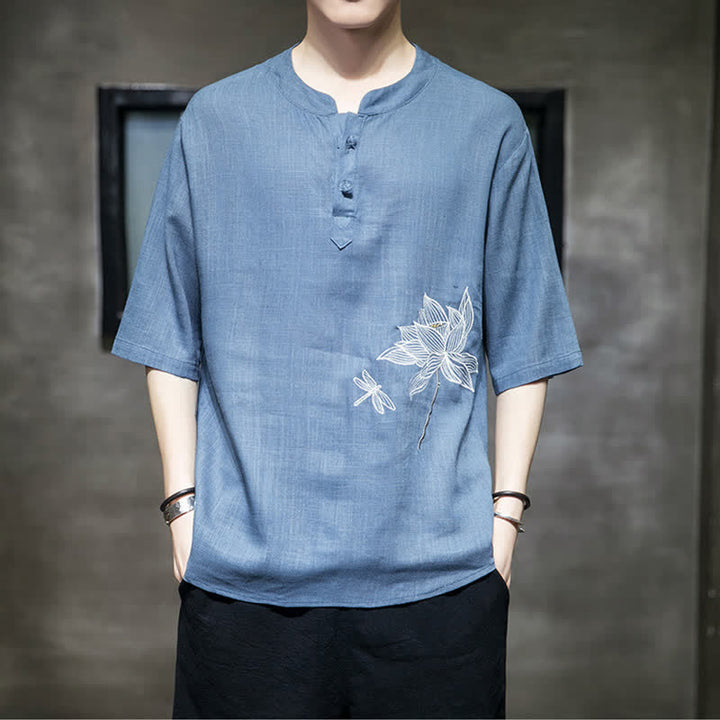 Buddha Stones 夏用刺繍蓮とトンボ柄中国風カエルボタンメンズ半袖Tシャツ - image 21