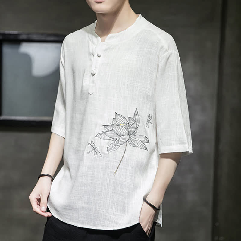 Buddha Stones 夏用刺繍蓮とトンボ柄中国風カエルボタンメンズ半袖Tシャツ - image 11