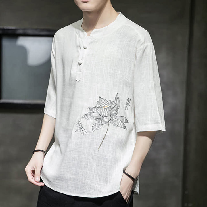 Buddha Stones 夏用刺繍蓮とトンボ柄中国風カエルボタンメンズ半袖Tシャツ - image 11