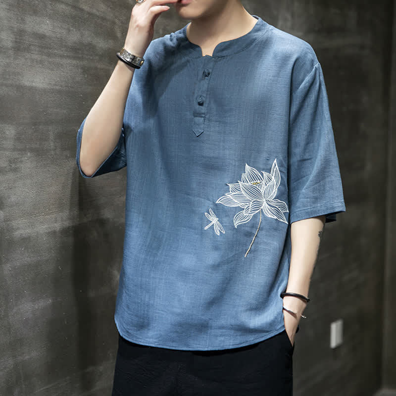 Buddha Stones 夏用刺繍蓮とトンボ柄中国風カエルボタンメンズ半袖Tシャツ - image 23