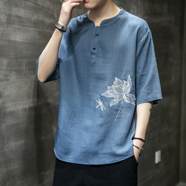 Buddha Stones 夏用刺繍蓮とトンボ柄中国風カエルボタンメンズ半袖Tシャツ - image 23