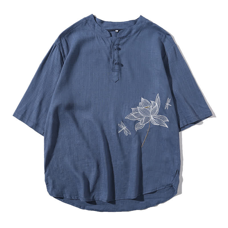 Buddha Stones 夏用刺繍蓮とトンボ柄中国風カエルボタンメンズ半袖Tシャツ - image 26