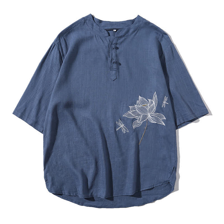 Buddha Stones 夏用刺繍蓮とトンボ柄中国風カエルボタンメンズ半袖Tシャツ - image 26