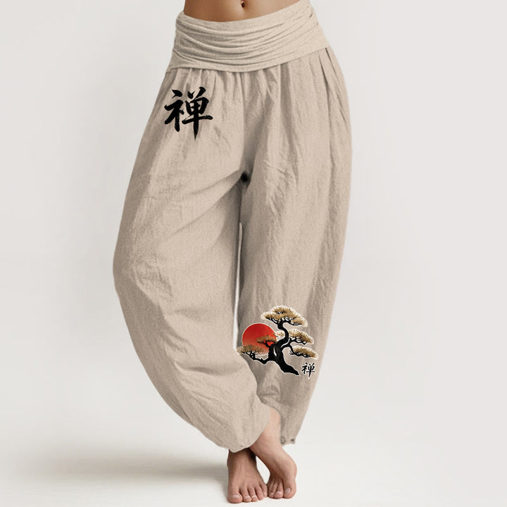 Buddha Stones 純綿 シンプルスタイル サンパイン 漢字柄 レディース ウエストゴム ハーレムパンツ - タン - US16、 UK/AU20、 EU48 (3XL) - image 0
