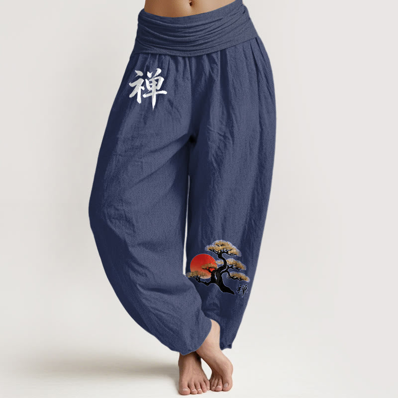 Buddha Stones 純綿 シンプルスタイル サンパイン 漢字柄 レディース ウエストゴム ハーレムパンツ - ダークスレートブルー - US16、 UK/AU20、 EU48 (3XL) - image 8