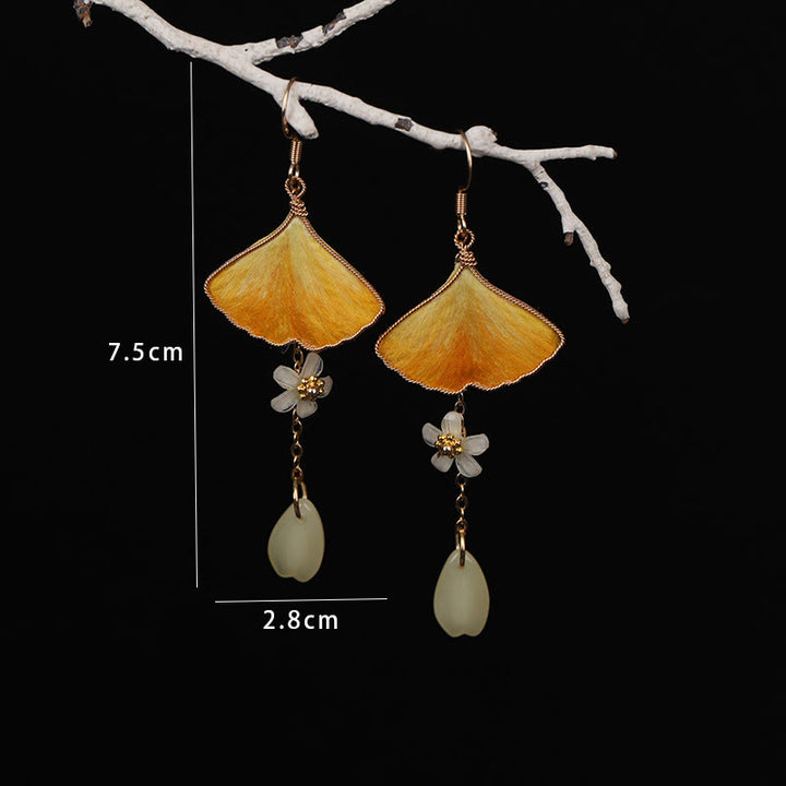 Buddha Stones ハンドメイドシルククラフト 黄銀杏の葉 銅フック幸運繁栄のぶら下がりイヤリング - image 3