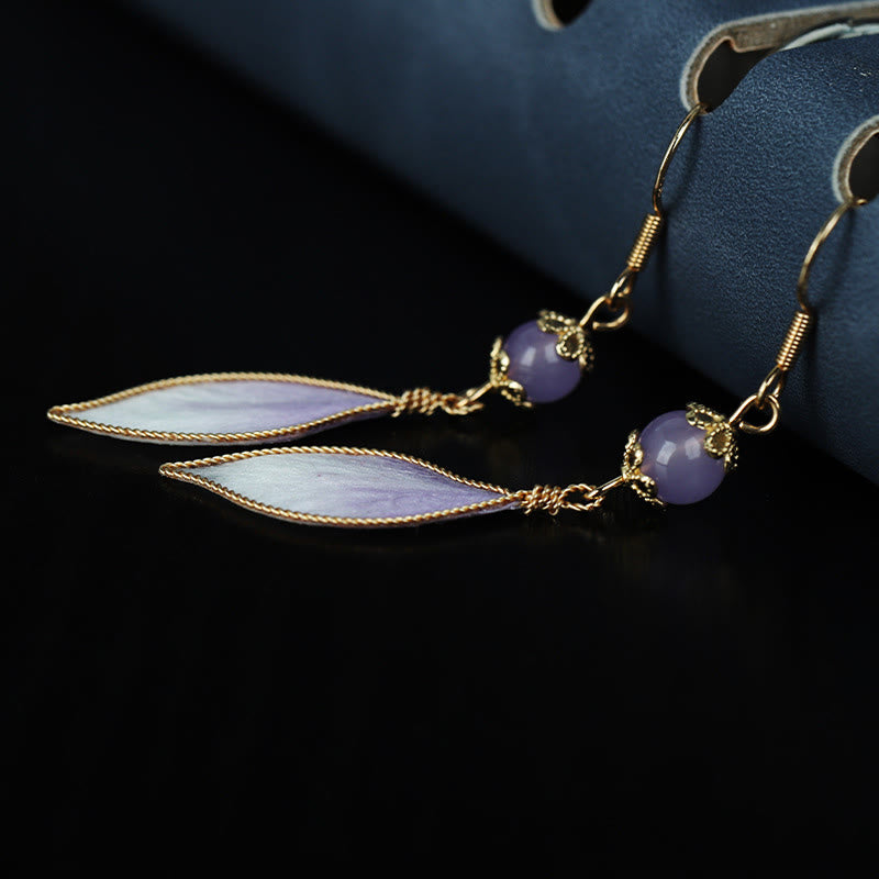 Buddha Stones シルクアートハンドメイドパープルグラデーション花びら良縁祈願ダングルイヤリング - image 4