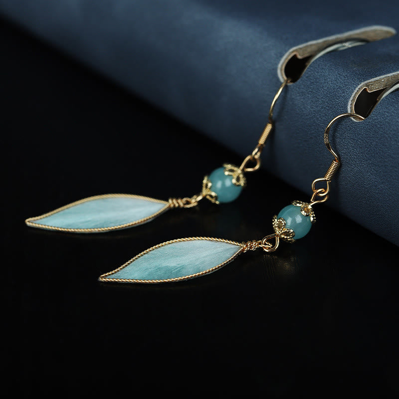 Buddha Stones ハンドメイドのシアンリーフ銅メッキシルバーフックプロテクションドロップイヤリング - image 1