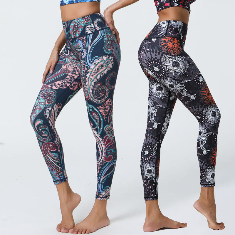 Buddha Stones、花、羽、太陽、月柄プリント、スポーツフィットネス、ヨガ、ハイウエストレギンス、レディースパンツ - image 0