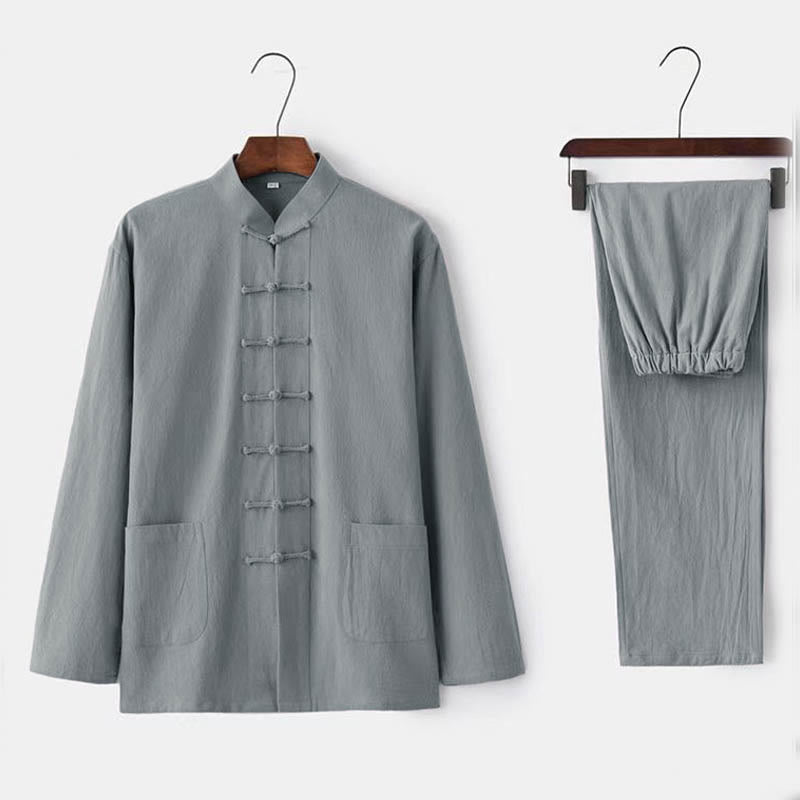 Buddha Stones2点セット 唐装 伝統的な蛙ボタン制服 長袖シャツ パンツ メンズセット - ゲインズボロ - US/UK/AU44、EU54（5XL） - image 2