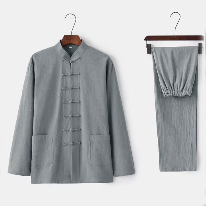 Buddha Stones2点セット 唐装 伝統的な蛙ボタン制服 長袖シャツ パンツ メンズセット - ゲインズボロ - US/UK/AU44、EU54（5XL） - image 2
