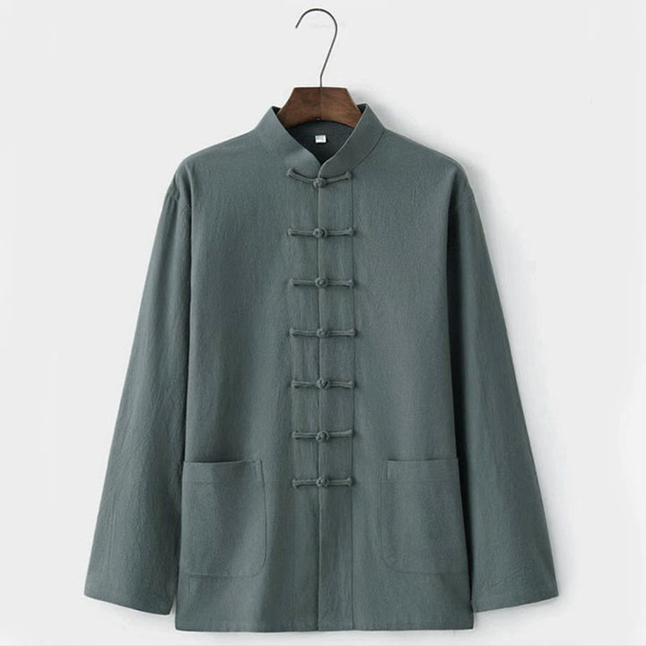 Buddha Stones2点セット 唐装 伝統的な蛙ボタン制服 長袖シャツ パンツ メンズセット - image 6
