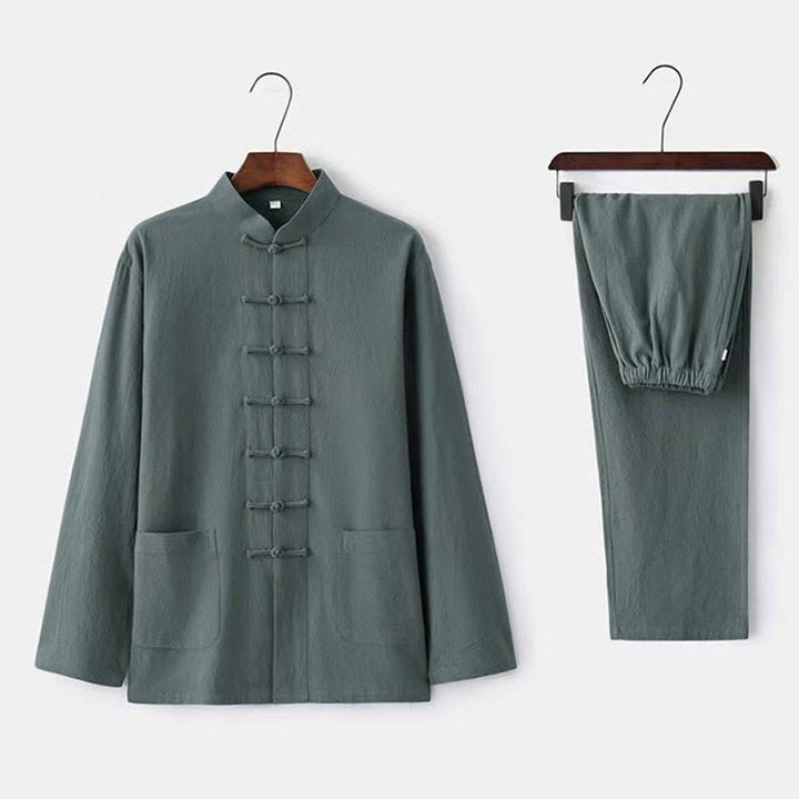 Buddha Stones2点セット 唐装 伝統的な蛙ボタン制服 長袖シャツ パンツ メンズセット - カデットブルー - US/UK/AU44、EU54（5XL） - image 4