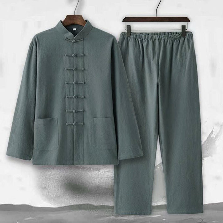 Buddha Stones2点セット 唐装 伝統的な蛙ボタン制服 長袖シャツ パンツ メンズセット - image 5