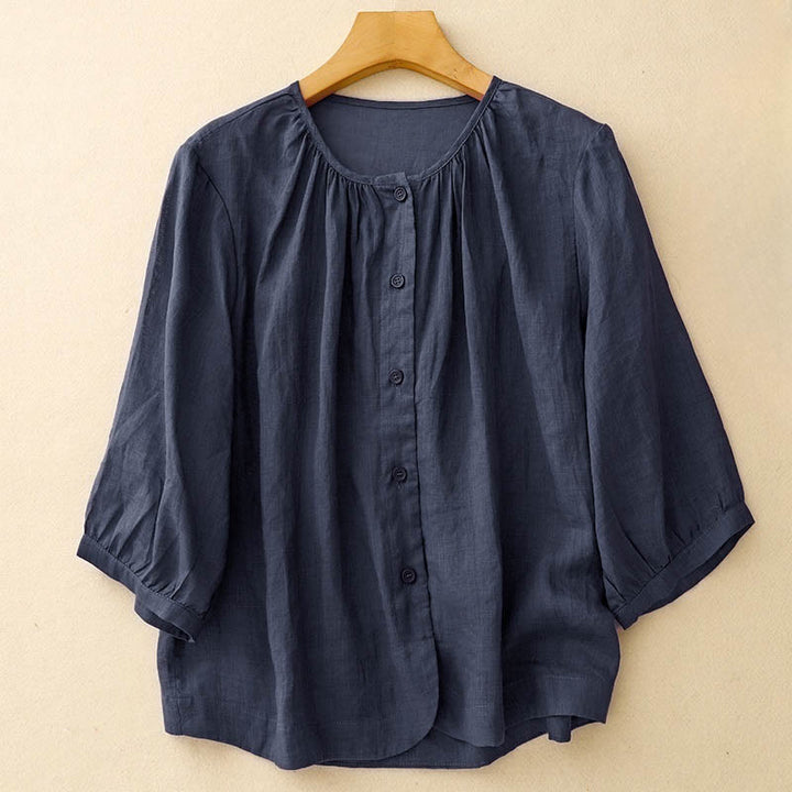 Buddha Stonesプレーンボタン クルーネックデザイン レディース ブレンド 七分袖シャツ - 海軍 - US12、 UK/AU16、 EU44 (2XL) - image 0