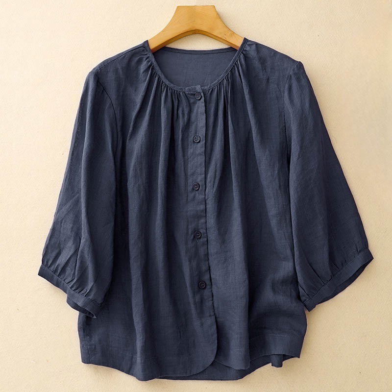 Buddha Stonesプレーンボタン クルーネックデザイン レディース ブレンド 七分袖シャツ - 海軍 - US12、 UK/AU16、 EU44 (2XL) - image 0