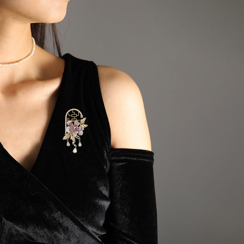 Buddha Stones 中国風の窓付き紫牡丹の花のタッセル銅ブローチ - image 2