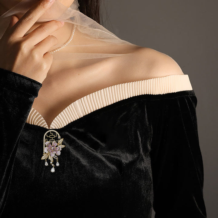 Buddha Stones 中国風の窓付き紫牡丹の花のタッセル銅ブローチ - image 3