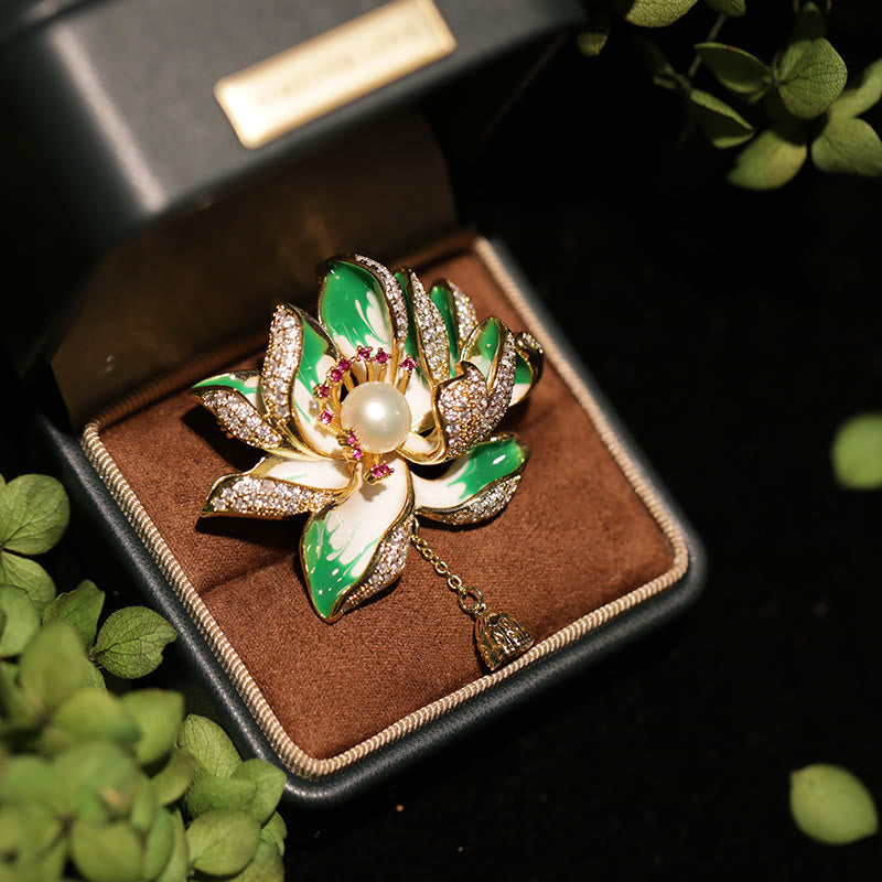 Buddha Stones 蓮の花真珠の新たな始まりの銅製ブローチ - 緑 - image 0