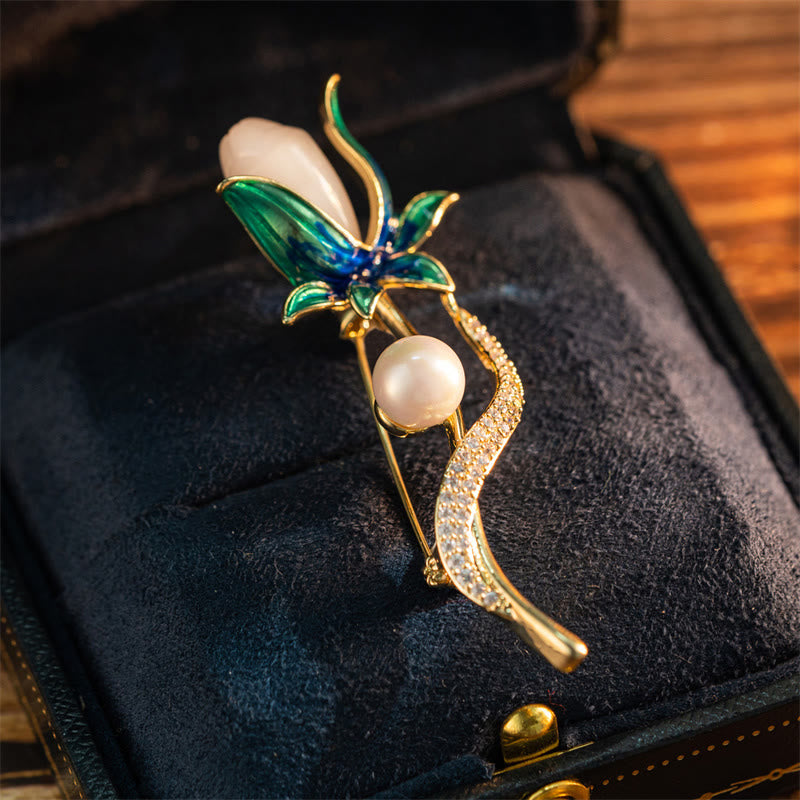 Buddha Stones マグノリアフラワーパールオプティミズム銅ブローチ - マグノリアの花 - image 0