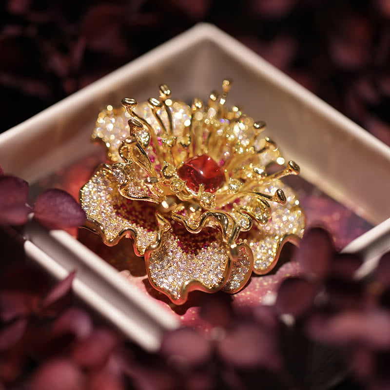 Buddha Stones 牡丹の花の豊かさの銅製ブローチ - 赤い牡丹 - image 0
