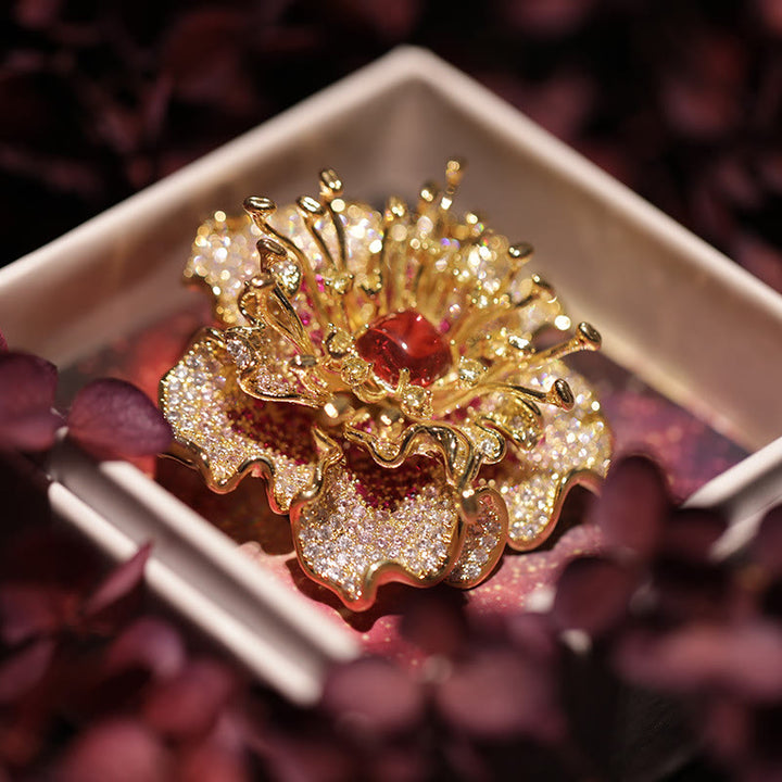 Buddha Stones 牡丹の花の豊かさの銅製ブローチ - 赤い牡丹 - image 0
