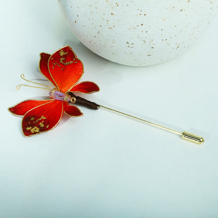 Buddha Stones 手作りシルクアートベルベットフラワーレッドバタフライブローチ - image 1