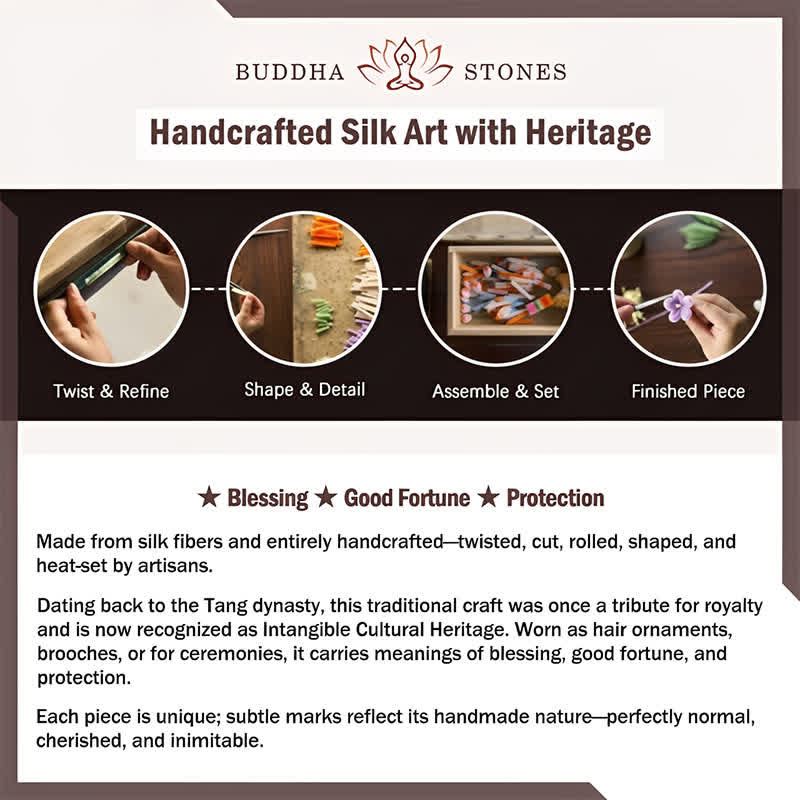 Buddha Stones ハンドメイドシルクアート パープルホワイトアイリスプロテクションブローチ - image 5