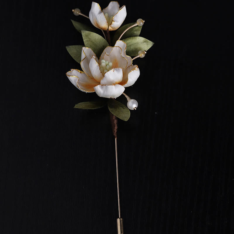 Buddha Stones 手作りシルクアートの黄金の牡丹の花の幸運繁栄のブローチ - image 4