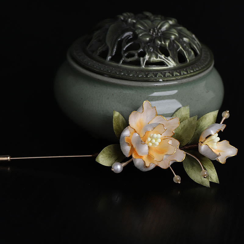 Buddha Stones 手作りシルクアートの黄金の牡丹の花の幸運繁栄のブローチ - image 5