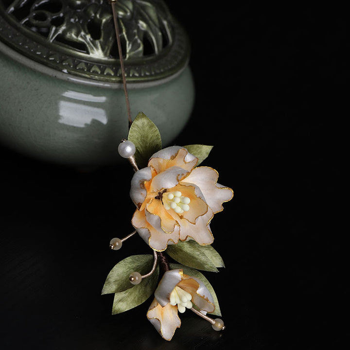 Buddha Stones 手作りシルクアートの黄金の牡丹の花の幸運繁栄のブローチ - image 11