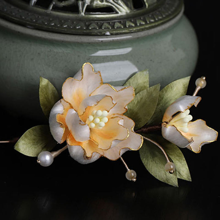 Buddha Stones 手作りシルクアートの黄金の牡丹の花の幸運繁栄のブローチ - image 1