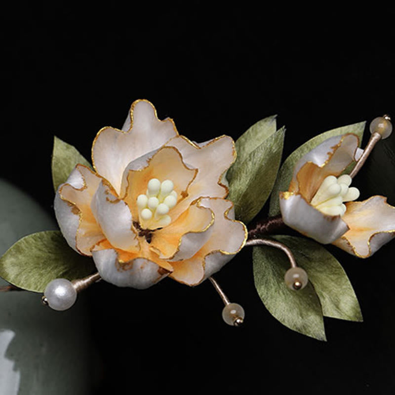 Buddha Stones 手作りシルクアートの黄金の牡丹の花の幸運繁栄のブローチ - image 8