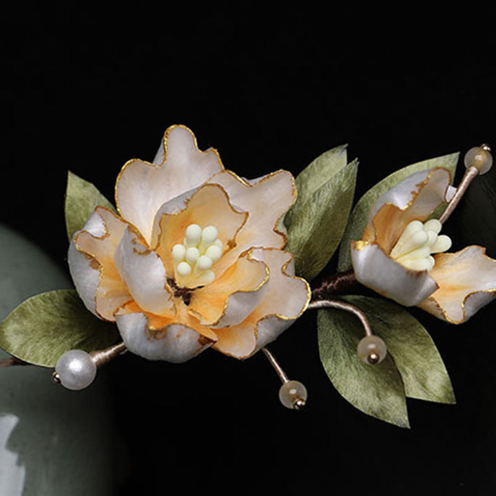 Buddha Stones 手作りシルクアートの黄金の牡丹の花の幸運繁栄のブローチ - image 8