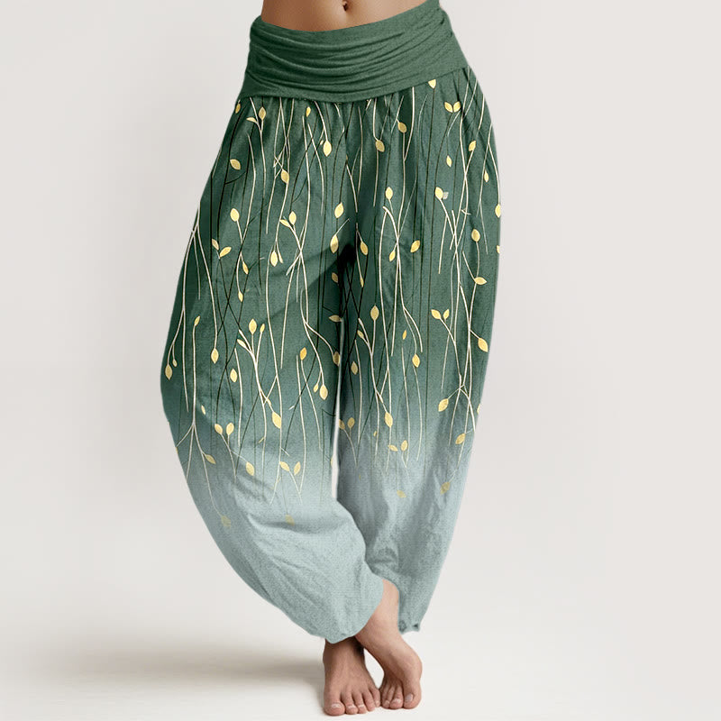 Buddha Stones 枝葉模様のグラデーションが美しい、ウエストゴム入りのコットン製レディースハーレムパンツ - ダークシーグリーン - US16、 UK/AU20、 EU48 (3XL) - image 5