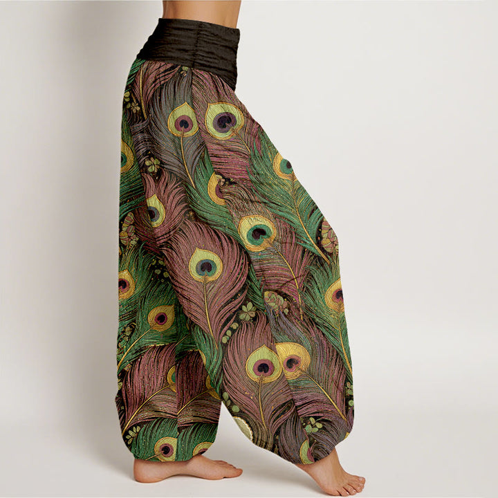 Buddha Stones 孔雀の羽柄 純綿 レディース ゴムウエスト ハーレムパンツ - image 7
