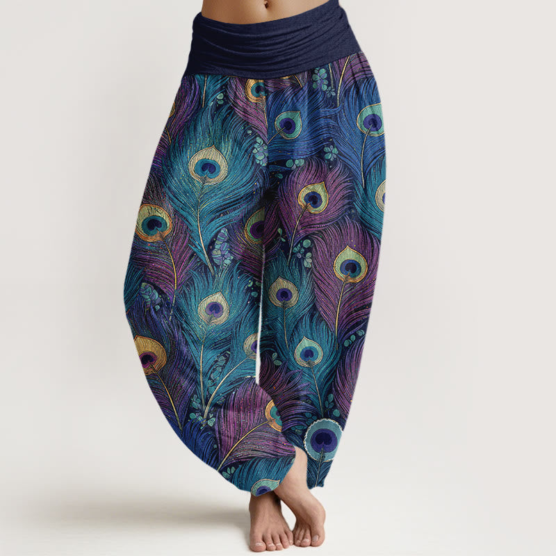 Buddha Stones 孔雀の羽柄 純綿 レディース ゴムウエスト ハーレムパンツ - スチールブルー - US16、 UK/AU20、 EU48 (3XL) - image 8