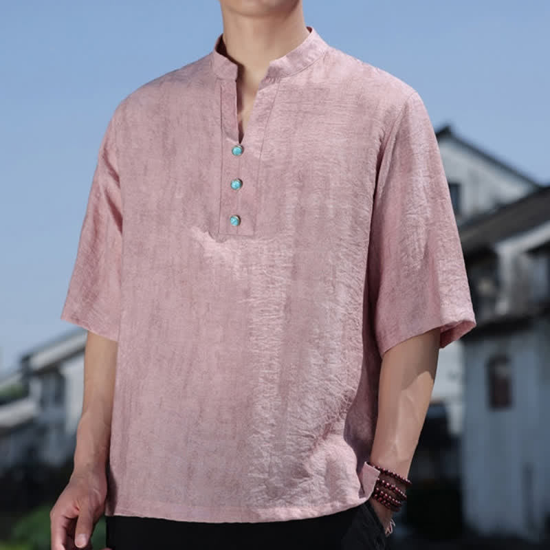 Buddha Stones 夏物タイ族民族半袖メンズノッチカラーボタンTシャツ - image 11