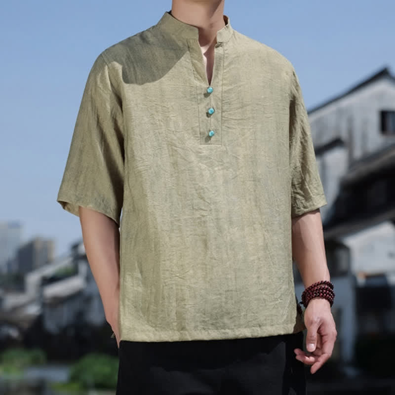 Buddha Stones 夏物タイ族民族半袖メンズノッチカラーボタンTシャツ - image 2