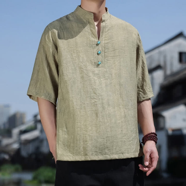 Buddha Stones 夏物タイ族民族半袖メンズノッチカラーボタンTシャツ - image 2