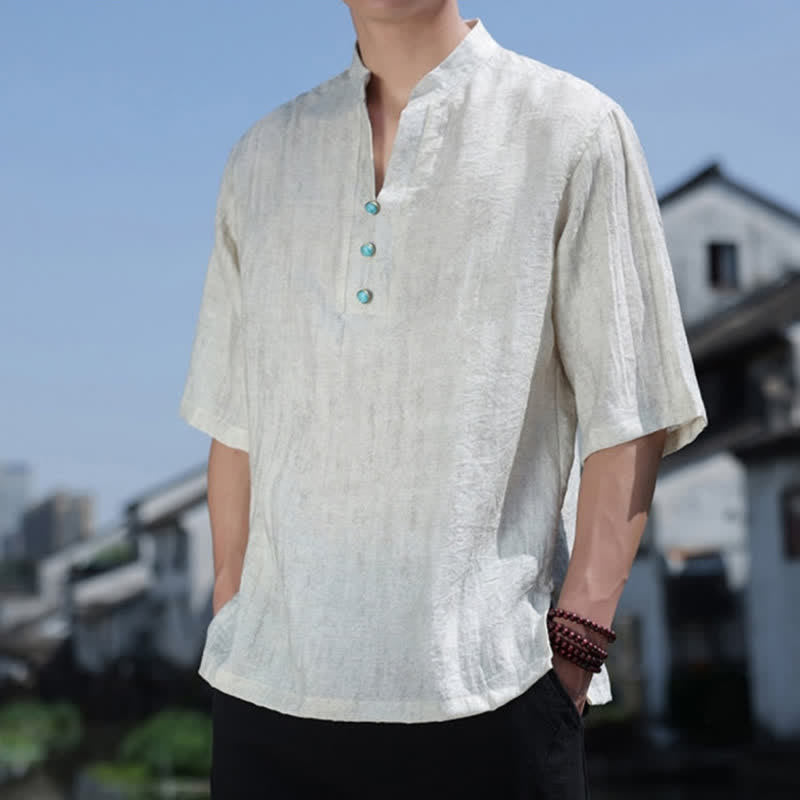 Buddha Stones 夏物タイ族民族半袖メンズノッチカラーボタンTシャツ - image 5