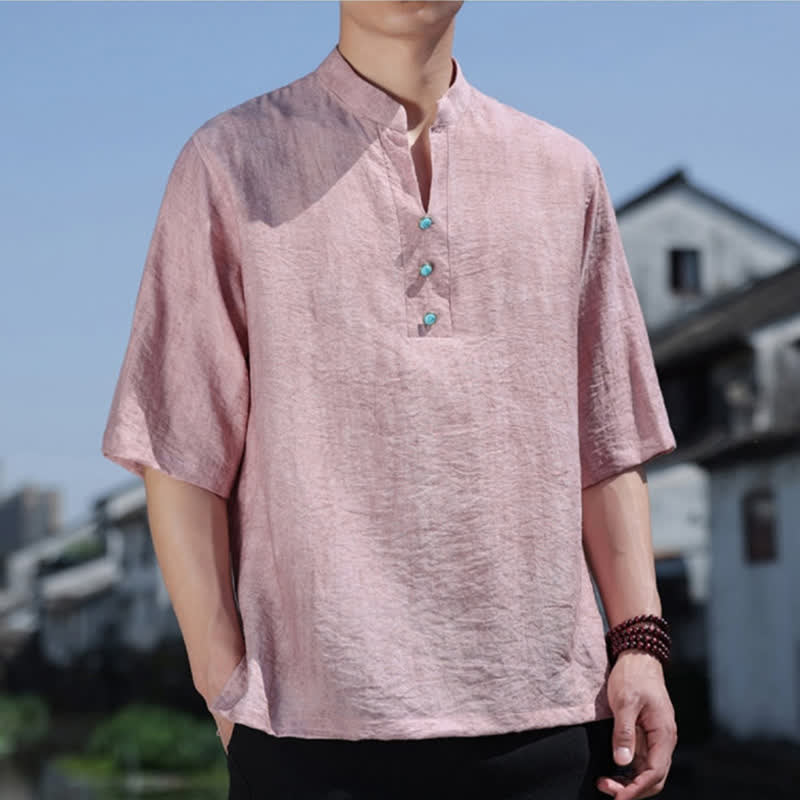 Buddha Stones 夏物タイ族民族半袖メンズノッチカラーボタンTシャツ - image 12