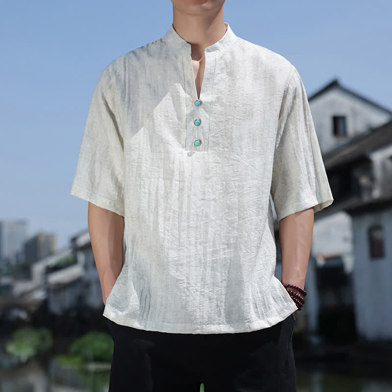Buddha Stones 夏物タイ族民族半袖メンズノッチカラーボタンTシャツ - フローラルホワイト - US/UK/AU46、 EU56 (5XL) - image 4