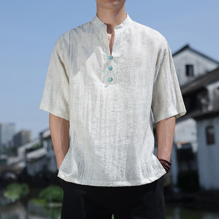 Buddha Stones 夏物タイ族民族半袖メンズノッチカラーボタンTシャツ - フローラルホワイト - US/UK/AU46、 EU56 (5XL) - image 4