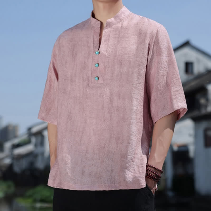 Buddha Stones 夏物タイ族民族半袖メンズノッチカラーボタンTシャツ - image 13
