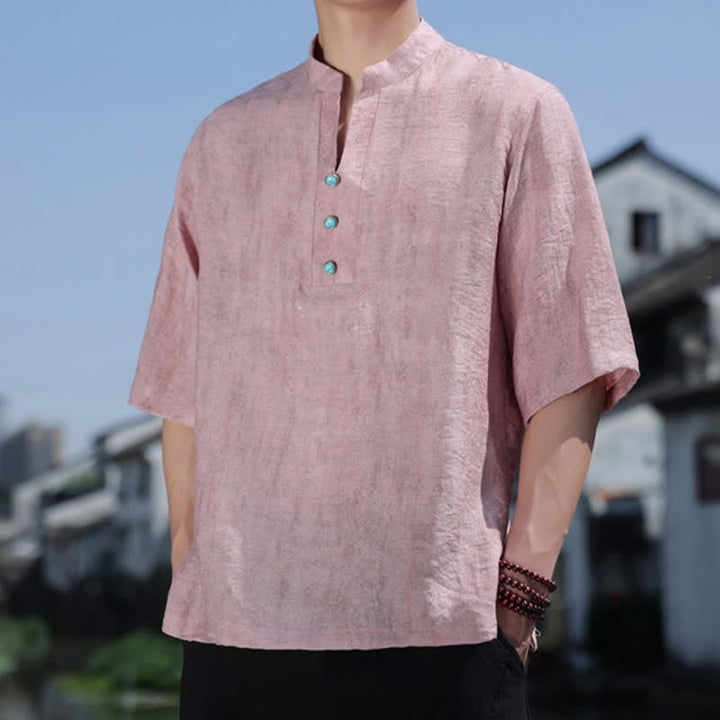 Buddha Stones 夏物タイ族民族半袖メンズノッチカラーボタンTシャツ - image 13