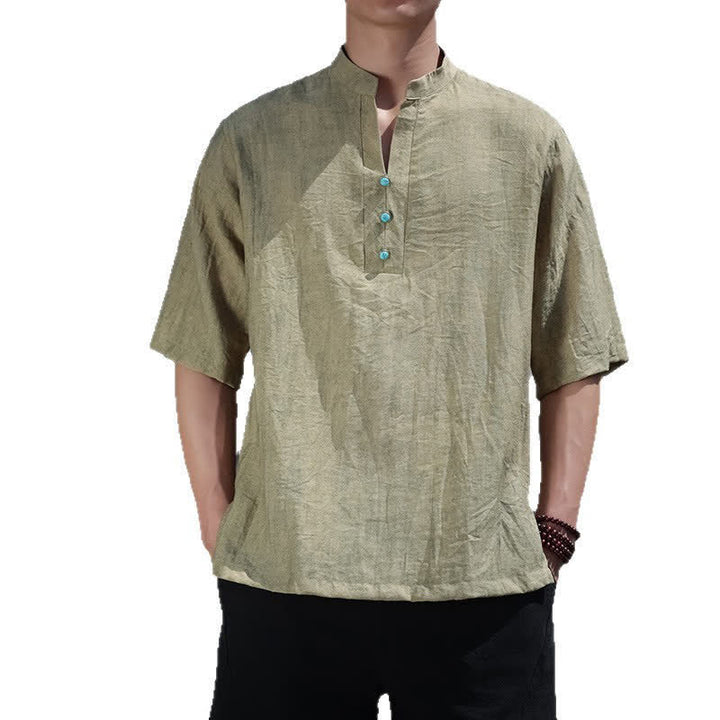 Buddha Stones 夏物タイ族民族半袖メンズノッチカラーボタンTシャツ - image 3